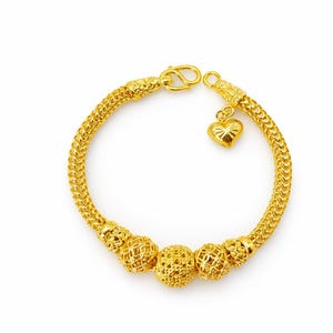 Chunky Gold Woven Bracelet, Ornate Bead Statement Chain Bracelet, Thai Inspired Jewelry, 24K Gold Plated