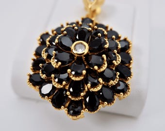 Black Crystal Flower Pendant, 24K Gold Plated Floral Jewelry (Pendant Only)