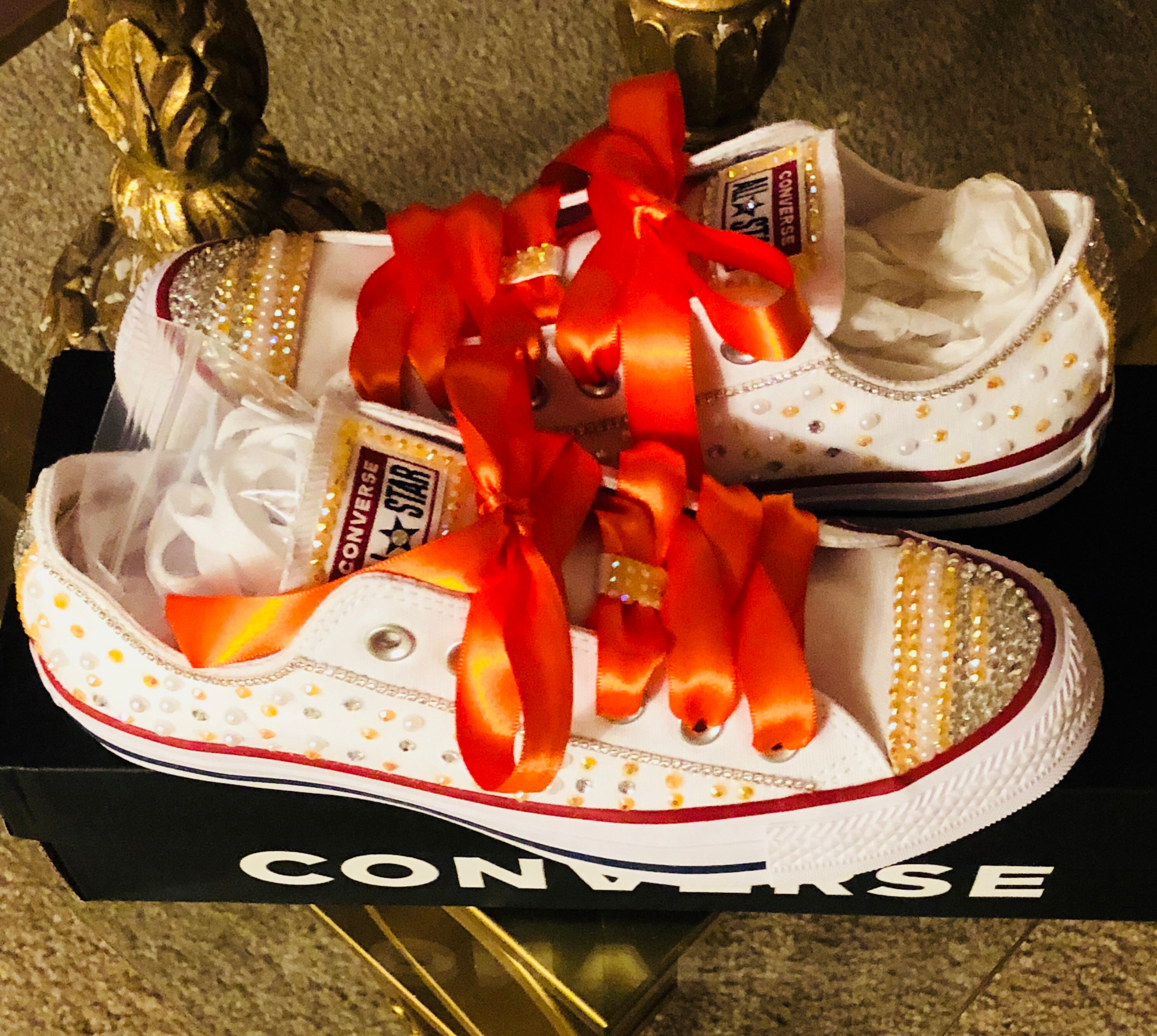 Orange Adult Tennis Shoes with Pearl's and Rhinestones ( Bling )