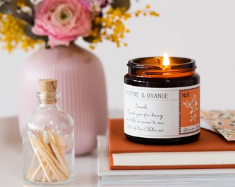 Mothers Day Gift Personalised Jasmine & Orange Candle, Soy Wax