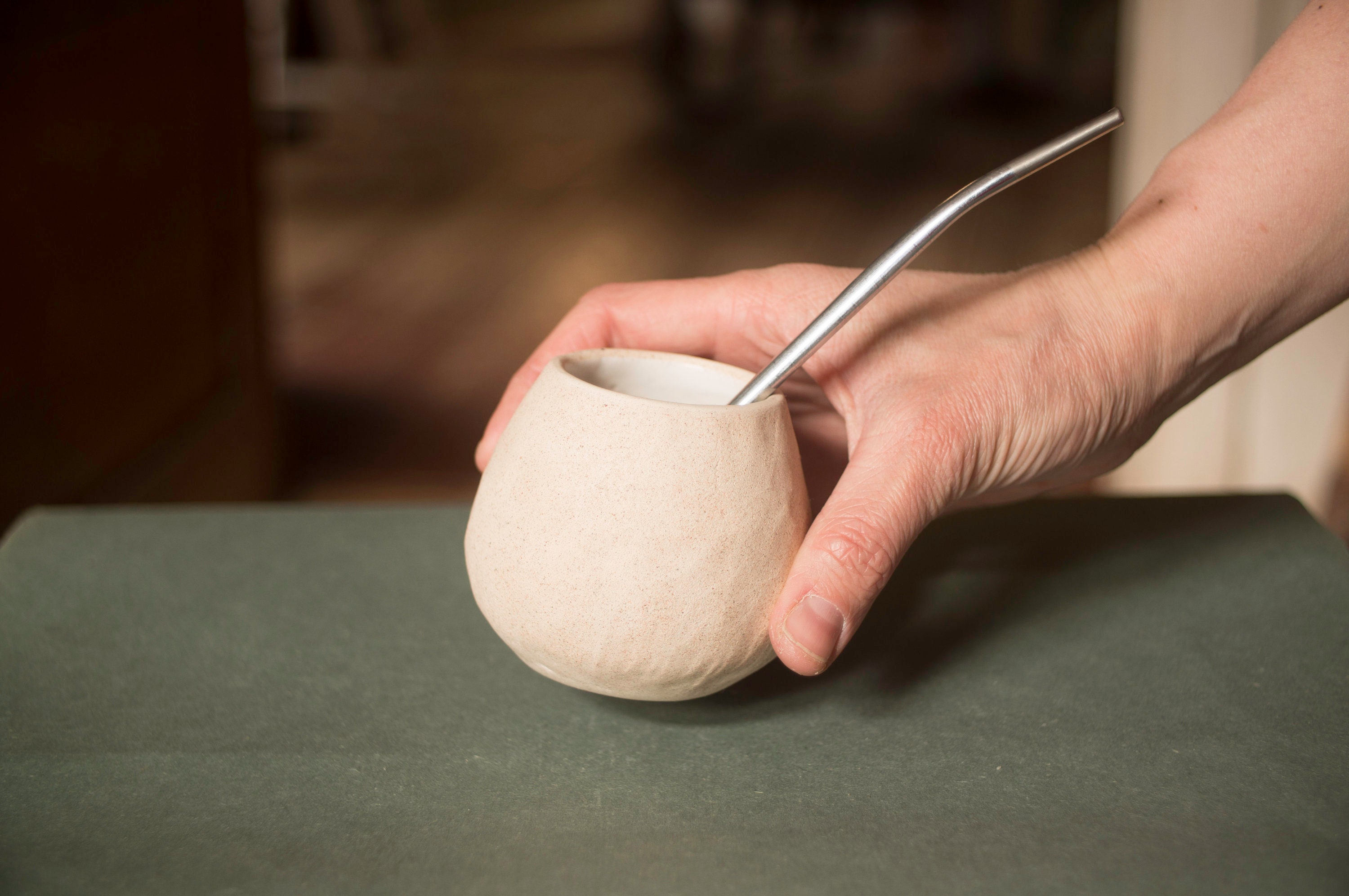 Handmade Ceramic White Beige Yerba Mate Cup Gourd Calabaza Calabash 240ml