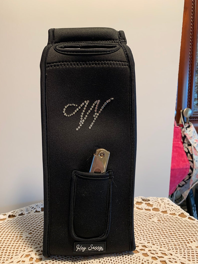 Valentine Wine Tote Single wine tote with Monogram and corkscrew one side and Wine Kisses Reverse Side