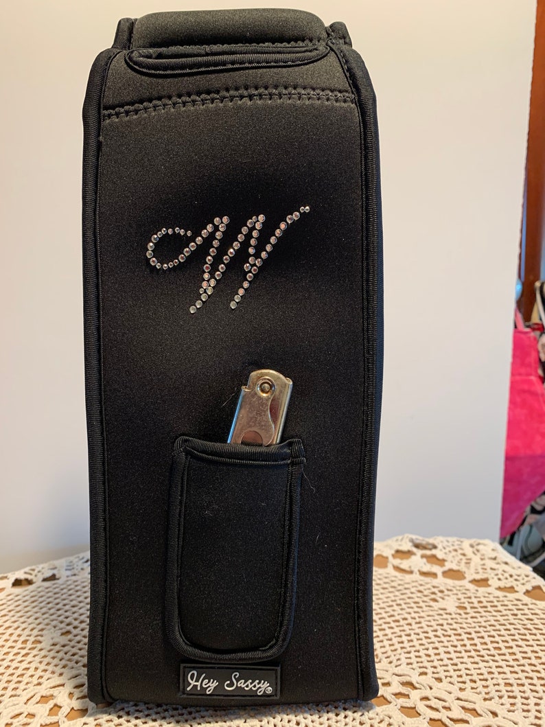 Valentine Wine Tote Single wine tote with Monogram and corkscrew one side and Wine Kisses Reverse Side