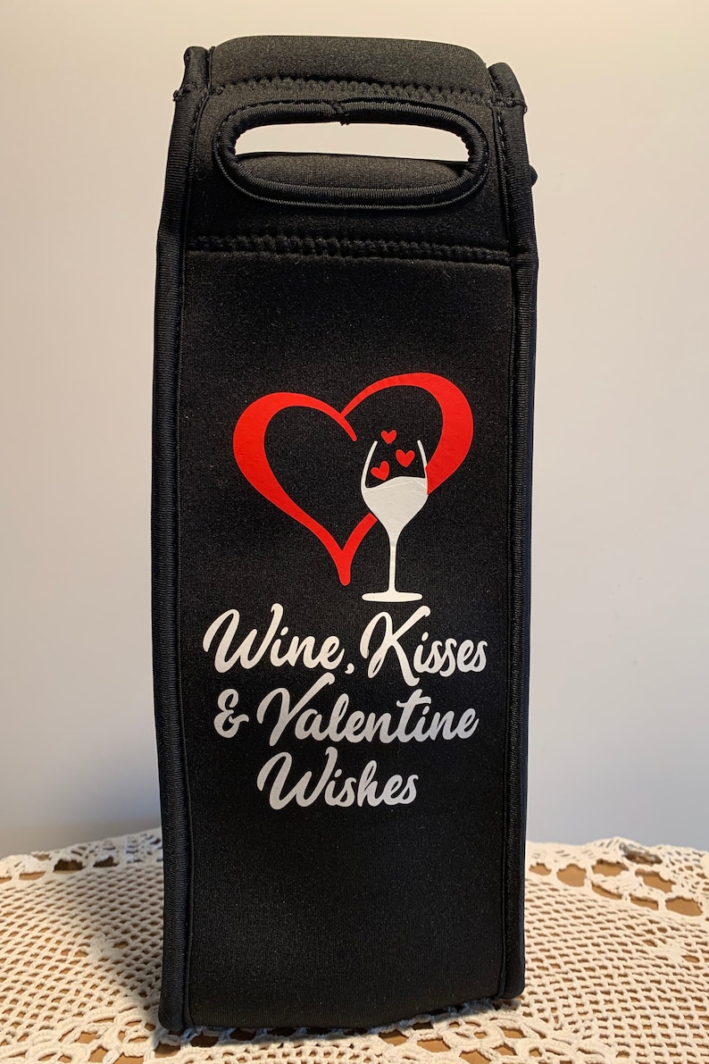 Valentine Wine Tote Single wine tote with Monogram and corkscrew one side and Wine Kisses Reverse Side