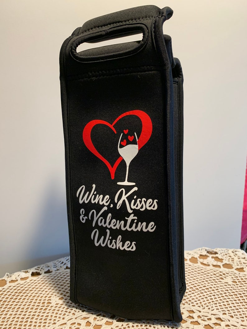 Valentine Wine Tote Single wine tote with Monogram and corkscrew one side and Wine Kisses Reverse Side