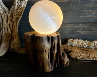 Selenite Lamp, 60mm. Selenite Sphere Lamp, Crystal Healing, Saguaro Cactus Rib Lamp, Saguaro Skeleton Native American Indian Owned Operated