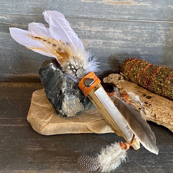 Sacred Prayer Feather Fan with Quartz | si0519-Natural | Shamans Market