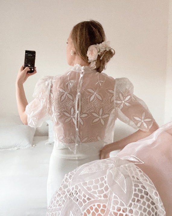 Crop top vintage in embroidered organza 1970s