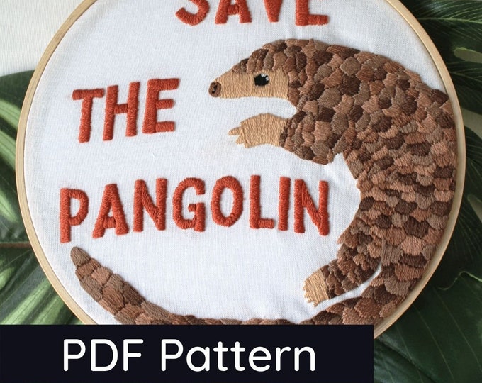 Pangolin Embroidery PDF Pattern Digital Download Endangered animals Pangolins