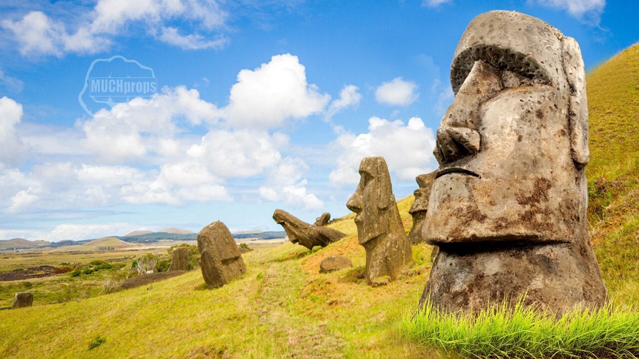 Humorous moai sculpture with pilot helmet