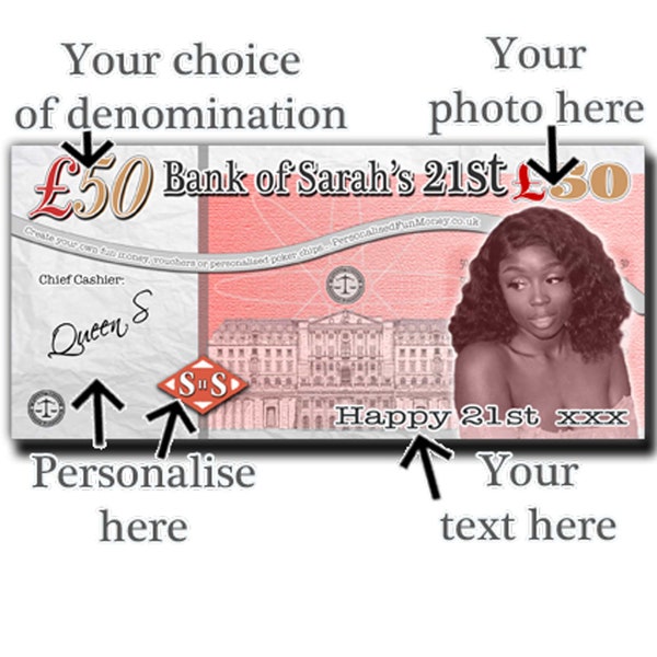 Personalised Fun Funny Money Pounds Bank Notes 21st 40th Gift Money gun Photo gift Wedding Novelty - Made in UK