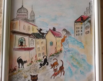 Piazza del gatto,  Cat Angel portrait, painting, cats portrait