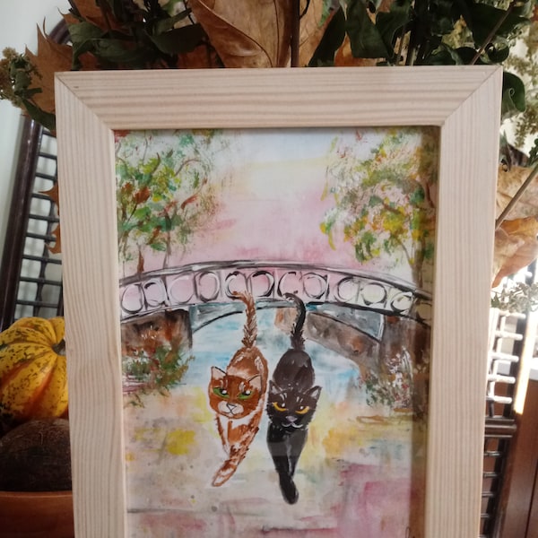 The autumn cats at the bridge ,  Cat Angel portrait, painting, cats portrait