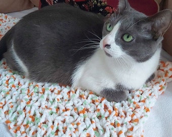 Hand Knit Chenille Crochet Cat Blanket, Chunky Melange Cat Afghan, Cozy Pet Bed Padding, Cat Floor Mat, Kitten Adoption Throw Blanket Gift