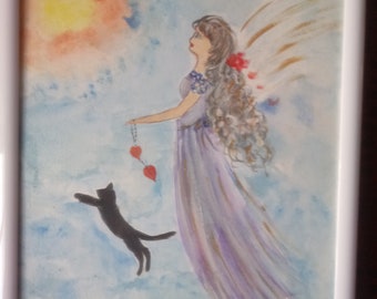 Cat Angel portrait  ,  Cat  Angel portrait, painting, watercolor painting, black cat with cat angel