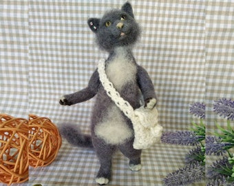 Needle Felted Cat Doll, Handmade Wool Figurine