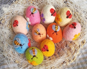 Felted Easter Eggs Ornaments, Handmade Wool Decor, Set of 10