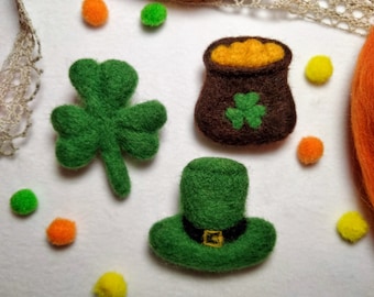 Felt St. Patrick's Day Brooch Set, Clover, Leprechaun Hat, Pot of Gold