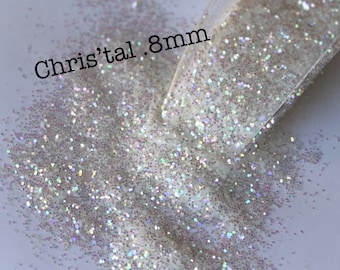 CHRIS-TAL .8MM White Iridescent Glitter, Sparkly White Glitter, .8MM Hex Chunk, Polyester Glitter, Solvent Resistant, Rainbow Glitter