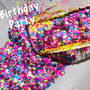 BIRTHDAY PARTY CONFETTI Glitter, Pink Yellow Teal Custom Blend Glitter Mix, Polyester Glitter, Fluorescent Glitter