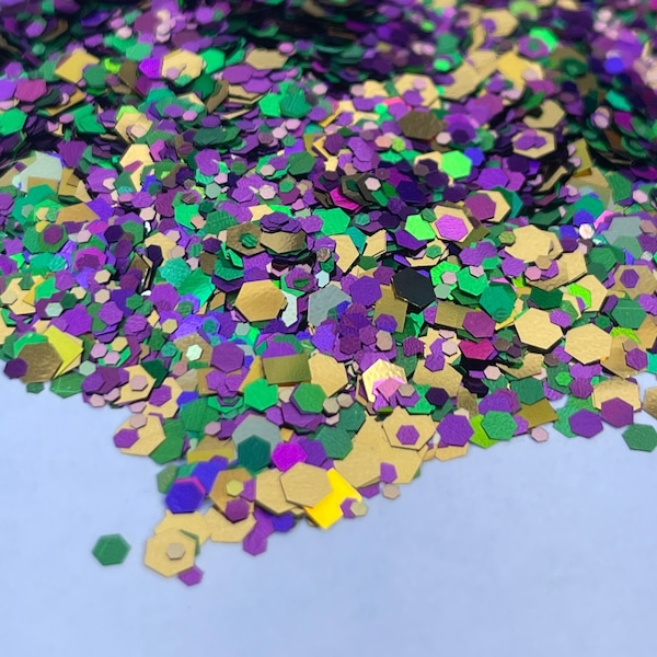 MARDI GRAS GLITTER- Purple Green Gold Glitter Mix - Chunky Mardi Gras Glitter Mix-Polyester Glitter - Solvent Resistant