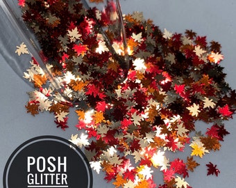 FALL LEAVES   Multi Colored, Fall Leaf Glitter, Maple Leaf Glitter Shapes, Solvent Resistant, Fall Table Decorations, Leaf Shaped Glitter