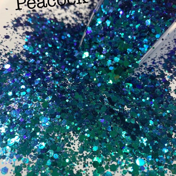 PEACOCK - Dark Blue Green Chunky Glitter Mix, Peacock Color Shift Glitter, Polyester Glitter, Solvent Resistant, Glitter Tumblers, Resin Art