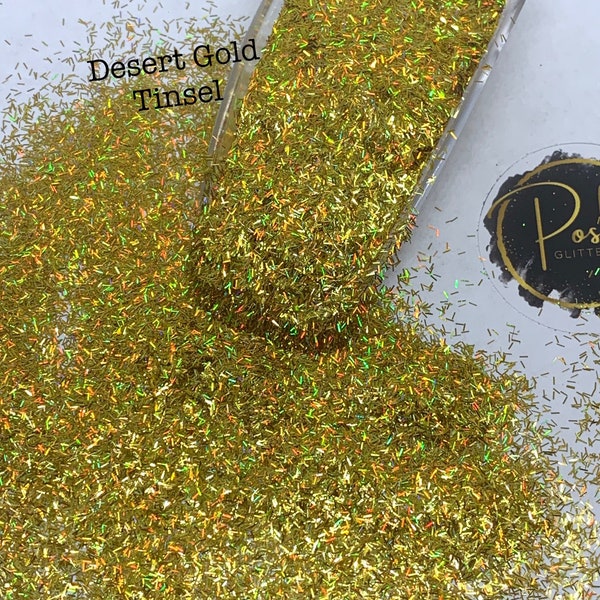 DESERT GOLD HOLO Tinsel, Holographic Gold Tinsel Glitter, Gold Bar Cut Glitter, Polyester Glitter, Solvent Resistant, Gold Tinsel Glitter