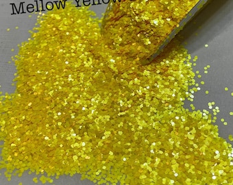 MELLOW YELLOW 1MM Glitter, Yellow Pearlescent 1MM Hex Cut, Fluorescent Yellow Glitter, Polyester Glitter, Solvent Resistant, Bright Yellow