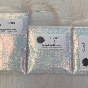 May include: Three small bags of iridescent white glitter labeled "Cloud 9" with the website address "Poshglitterllc.com".