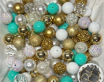 GOLD Vintage Blue White BUBBLEGUM BEADS 20mm, Product #35, Gold Chunky Beads, Bubble Gum Bead Pack, Acrylic Beads, Variety Bead Mix 20 Count
