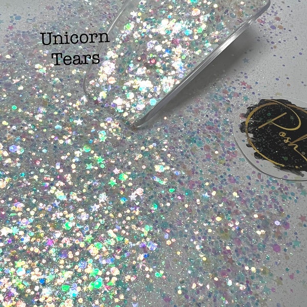 UNICORN TEARS - White Iridescent Chunky Glitter mix- Polyester Glitter - Solvent Resistant - Star Shaped Glitter