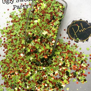 UGLY SWEATER Party Red Green Snowflake Glitter Mix, Polyester Glitter, Solvent Resistant, Christmas Glitter Mix