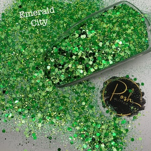 EMERALD CITY Green Chunky Glitter Mix, Polyester Glitter, Solvent Resistant, Green Gold Custom Glitter Mix, St Patty’s Day Glitter