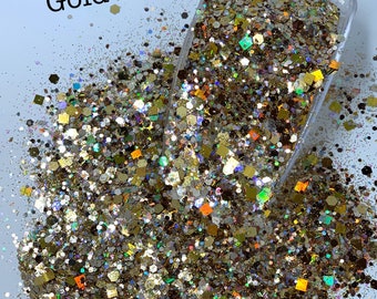 GOLD DIGGER Gold Chunky Glitter Custom Mix, Gold Glitter, Polyester Glitter, Solvent Resistant, Gold Holographic Glitter