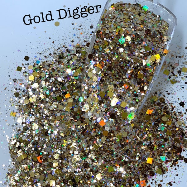 GOLD DIGGER Gold Chunky Glitter Custom Mix, Gold Glitter, Polyester Glitter, Solvent Resistant, Gold Holographic Glitter