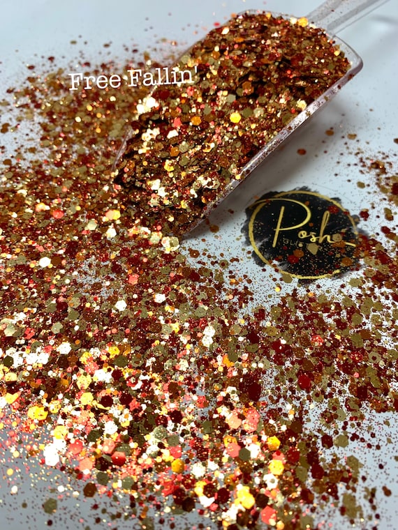 FREE FALLIN Gold, Red, Orange Chunky Glitter Mix, Autumn Glitter Mix, Polyester Glitter, Solvent Resistant
