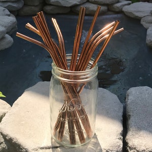 May include: A glass jar filled with a bundle of reusable copper drinking straws. The jar is labeled "Kerr Self Sealing Mason Jar".