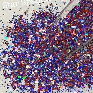 STAR SPANGLED BANNER  Glitter - Red Silver Blue with Stars, Polyester Glitter, Solvent Resistant, Fourth of July Glitter