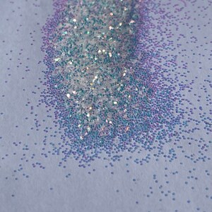 May include: A close-up of iridescent glitter, with a mix of white and blue glitter, scattered on a light blue surface.