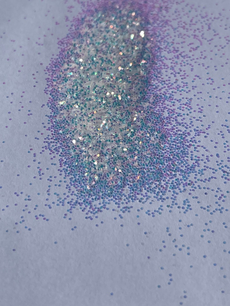 May include: A close-up of iridescent glitter, with a mix of white and blue glitter, scattered on a light blue surface.