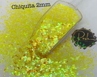 CHIQUITA YELLOW 2MM Iridescent Yellow 2MM HEX Cut Glitter, Polyester Glitter, Solvent Resistant