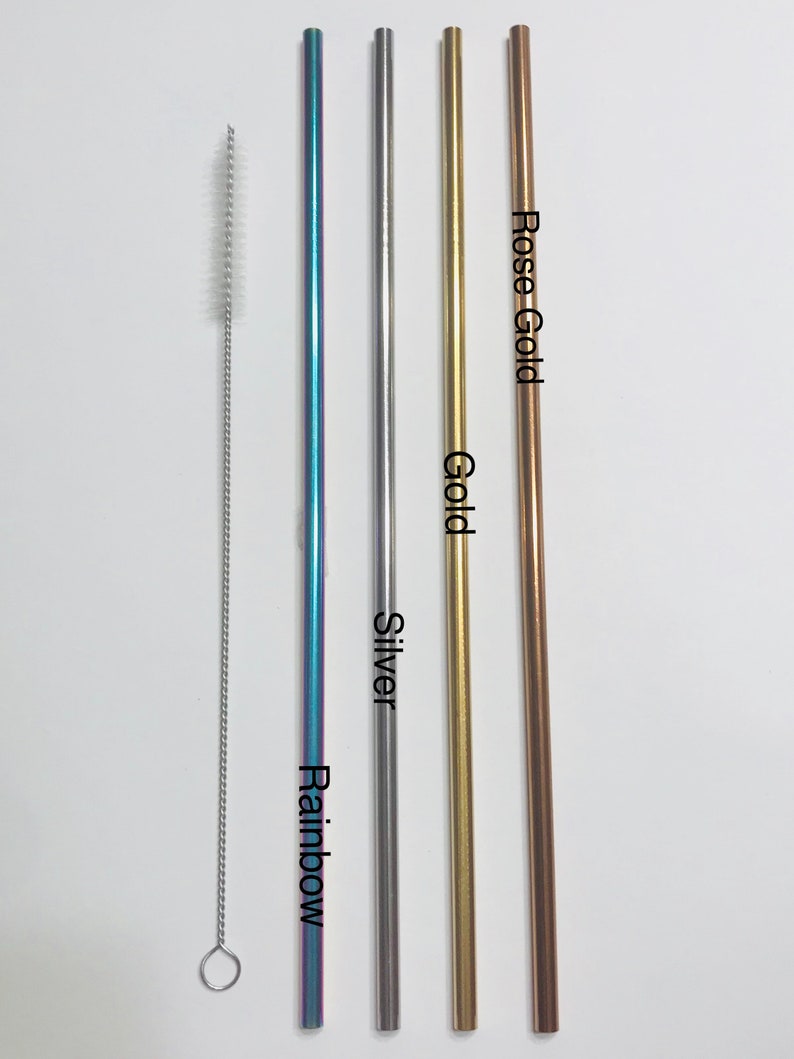 May include: Four stainless steel drinking straws in different colors: rainbow, silver, gold, and rose gold. A cleaning brush is included.