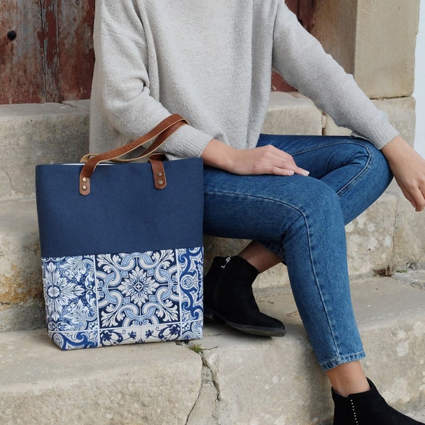 bolso hecho a mano / estampado azulejos azules / azulejos portugueses / big bag para mujer