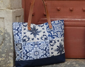shoulder bag with blue tiles | portuguese tiles pattern | handmade bag