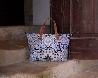 Handmade Portuguese Tiles Shoulder Bag: Blue & White Fabric, Leather Straps