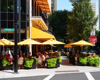 Chicago Gold Coast Print: Bellevue Restaurant, Yellow Umbrellas, Rush Street Wall Art