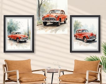Impressões de carros antigos - conjunto de 3 impressões, berçário de menino, pôsteres de carros, decoração de berçário de menino, arte de parede de carros clássicos, decoração de garagem retrô, impressões retrô