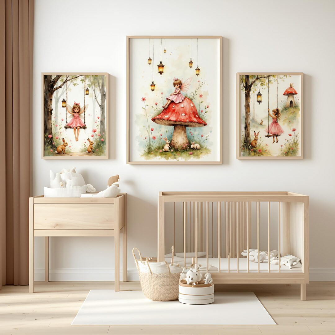 Fairy Nursery Prints Set – Woodland Animals, Pink Toadstool (digital ...