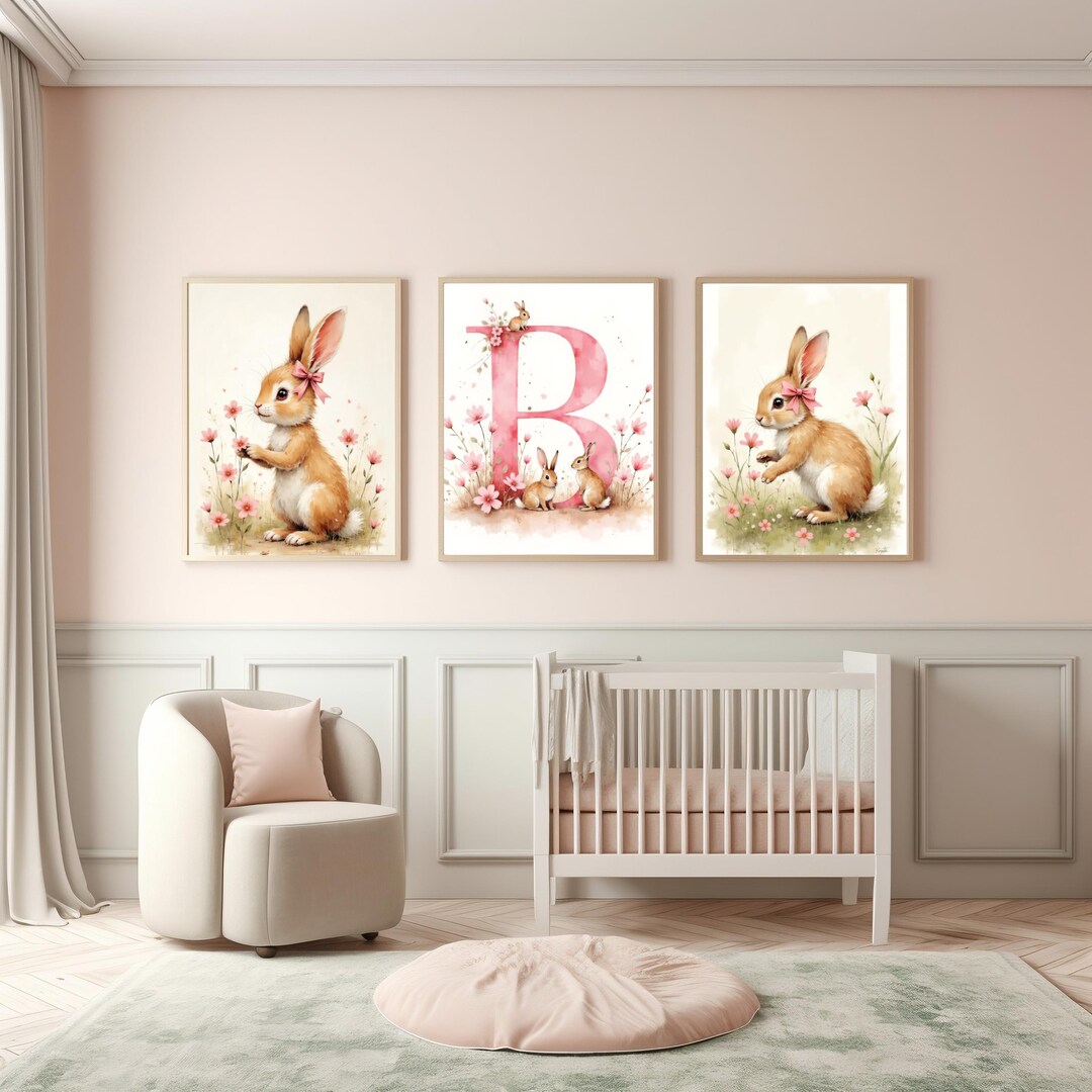Personalized Bunny Nursery Prints, Custom Initial Baby Girl Decor ...